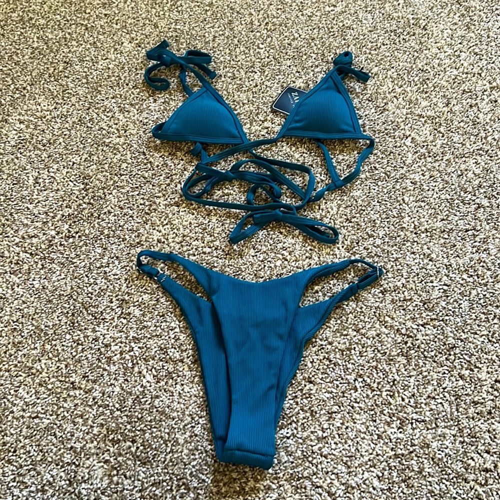 Zaful Turquoise Blue Tie Strap Tankini